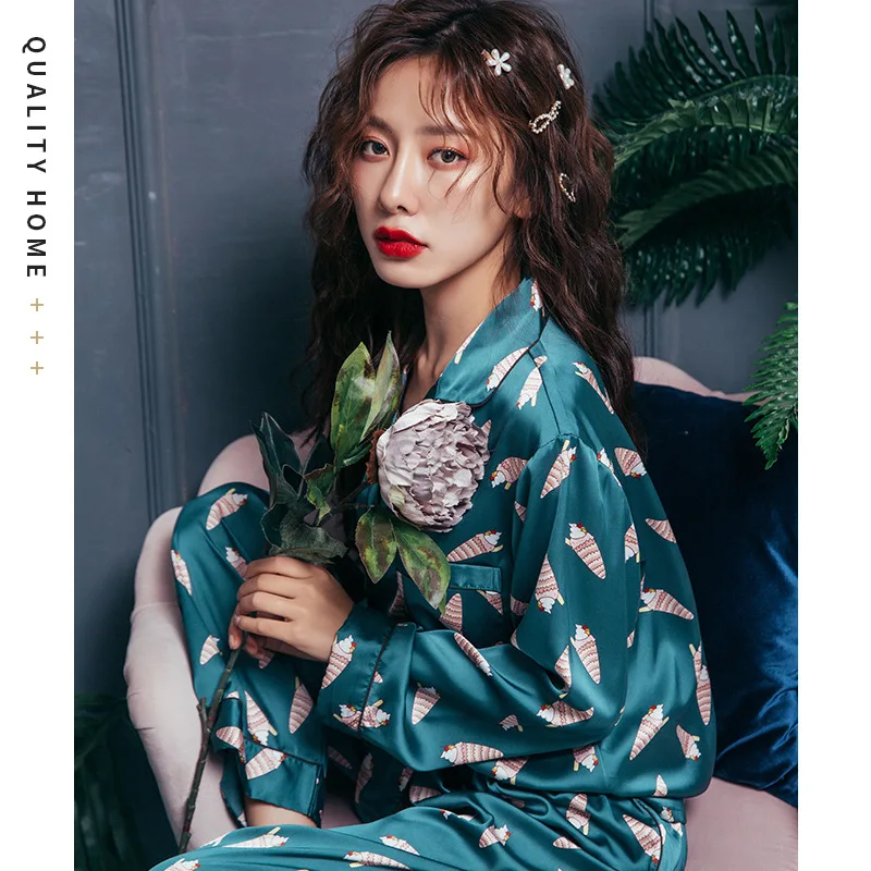 New Satin Pajamas Set Silk For Women Cartoon Sleepwear Pink Night Suit Cute Ice Cream Casual Homewear | Женская одежда