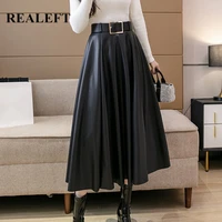 realeft 2021 new autumn winter pu leather mi long womens skirts with belted high waist a line skirt mid calf umbrella skirts