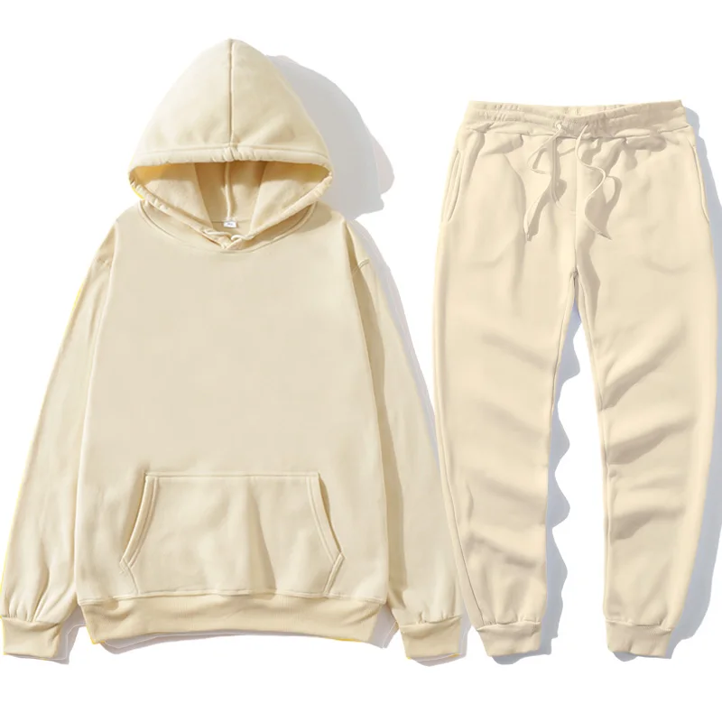 

New Men's Women Solid Color Long Sleeved Hooded Sweatshirt and Pant Jogging Set Casual Winter Warm Hoodies Tracksuit Sport