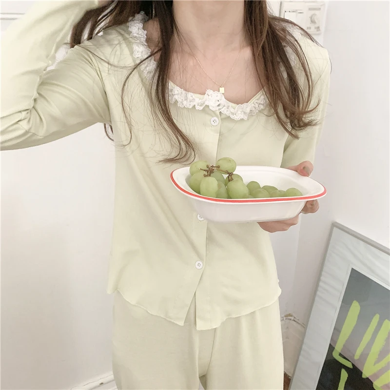 

Alien Kitty Solid Women Cardigans Ruffle Sweet 2021 Chic Loose Cotton Fashion Long Sleeve Sleepwear Home Wear Pajamas Suits Sets