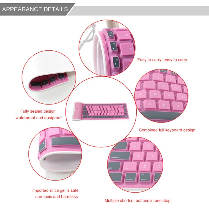 Бесшумная Беспроводная Bluetooth клавиатура складная раскладная 87key мягкий