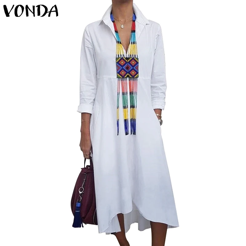 White VONDA Elegant Dress Women Sundress Spring Summer Female Long Sleeve Lapel Neck Shirt Dress Long Robe Vestidos Plus Size - Цвет: White