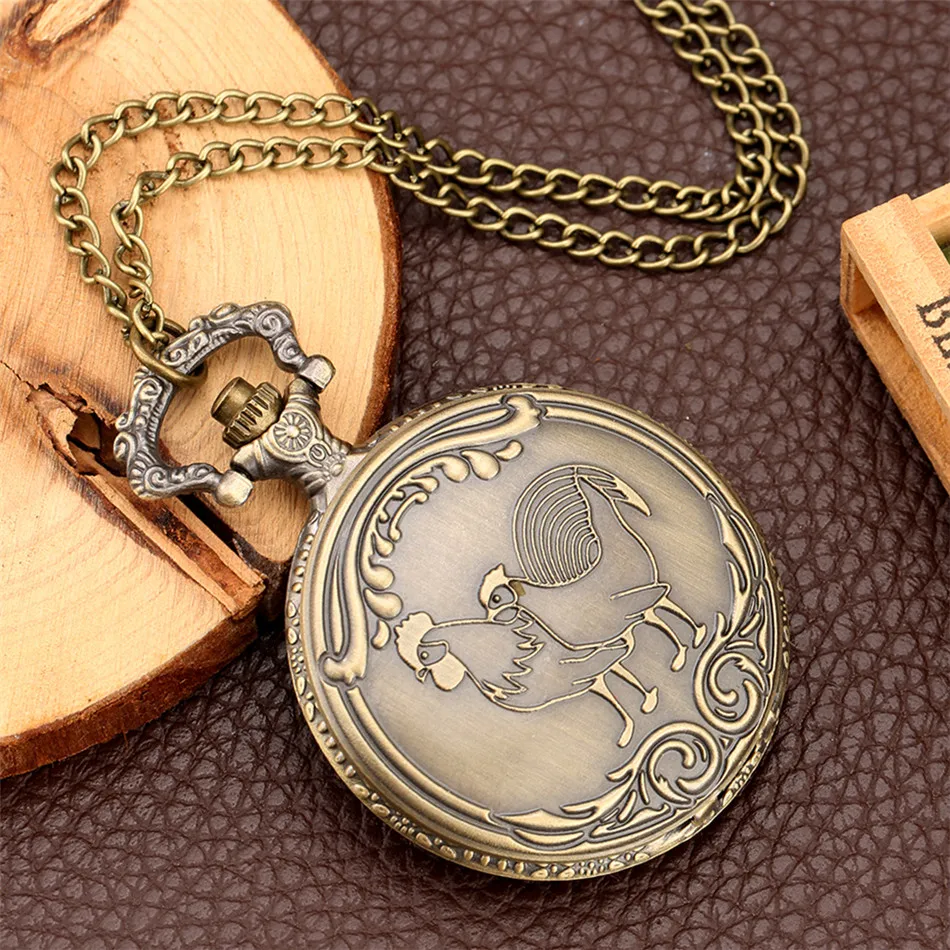 

Bronze Engraved Rooster Hen Display Quartz Pocket Watch 80cm Necklace Chain Retro Pendant Watches Gifts Men Women
