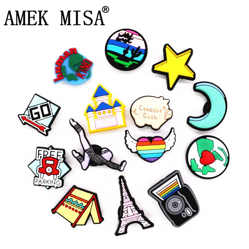 Single Sale 1pcs Protect Earth Shoe Charms Accessories Star Moon Tower Tent Shoe Decoration for croc jibz Kids Party X-mas Gifts