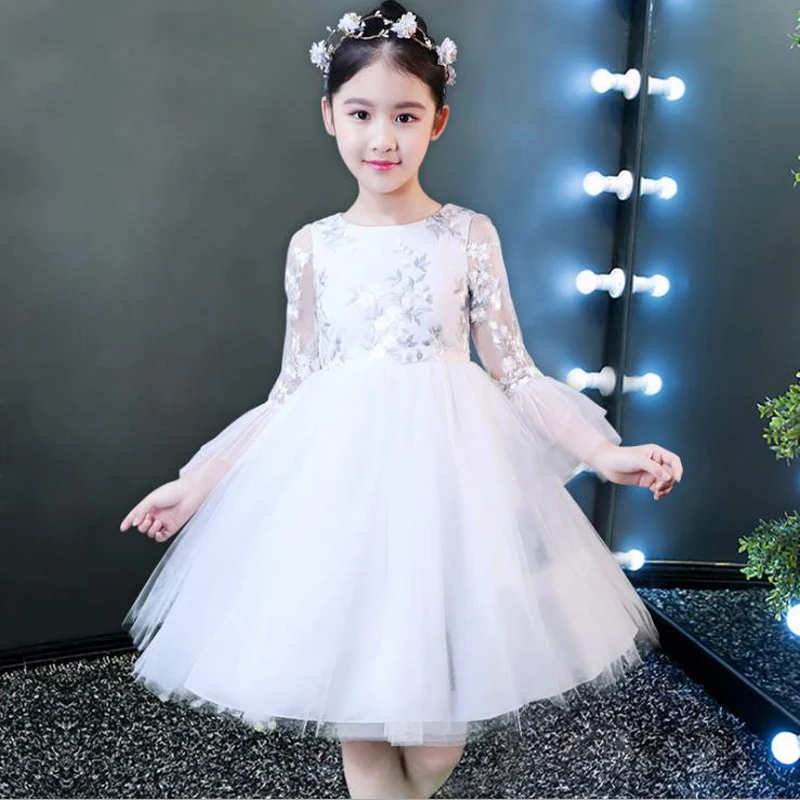 

Cute White Tulle Flower Girl Dress with Sleeves Kids Evening Gowns Girls Holiday Party First Communion Dresses Daily Dancewear