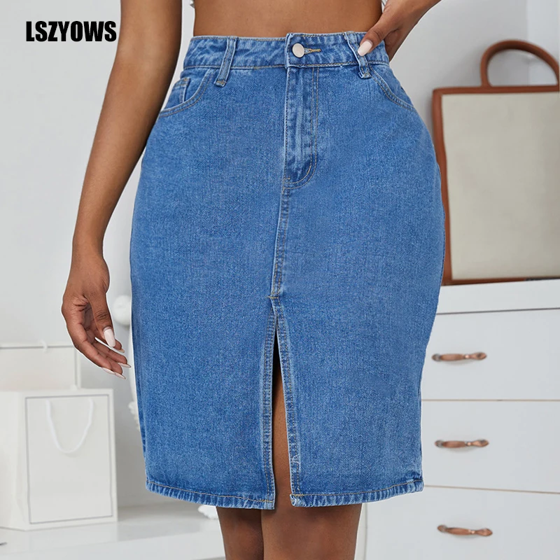 

Женская джинсовая юбка с разрезом спереди, голубая Повседневная облегающая юбка из денима, с высокой талией, в винтажном стиле, лето 2022