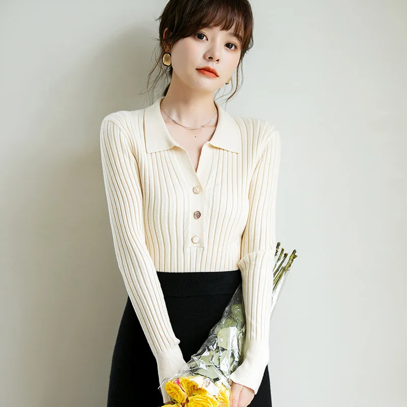 

xiu ye French Slimming Sunken Stripe Sweater Autumn New Style Japanese-style Slim Fit V-neck Polo Shirt Base Tops