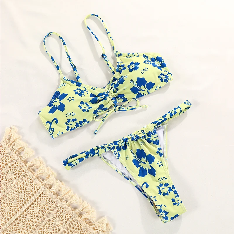 

Thong Biquini Floral Print Bikini Women Swimsuit 2021 Bikinis Beachwear String Sexy Bikini Set Bathing Suit Women Swimwear