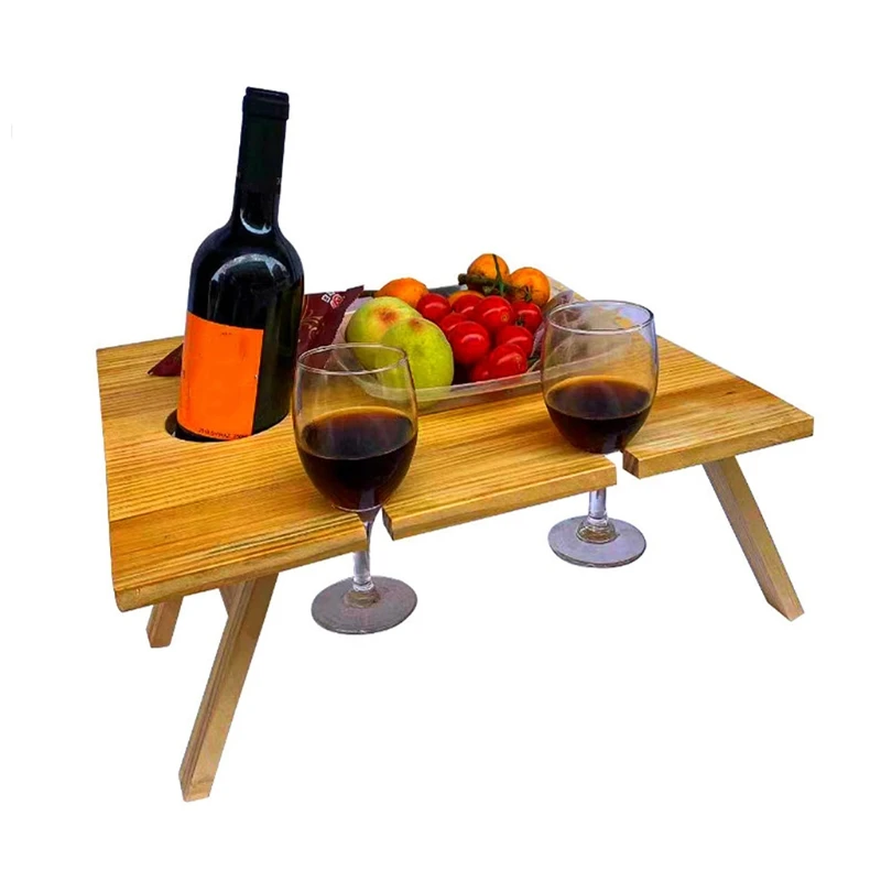 

Outdoor Foldable Wine Table Folding Picnic Wooden Tray Champagne Beer Glasses Cups Bottle Rack Cheese Snack Holder for Garden