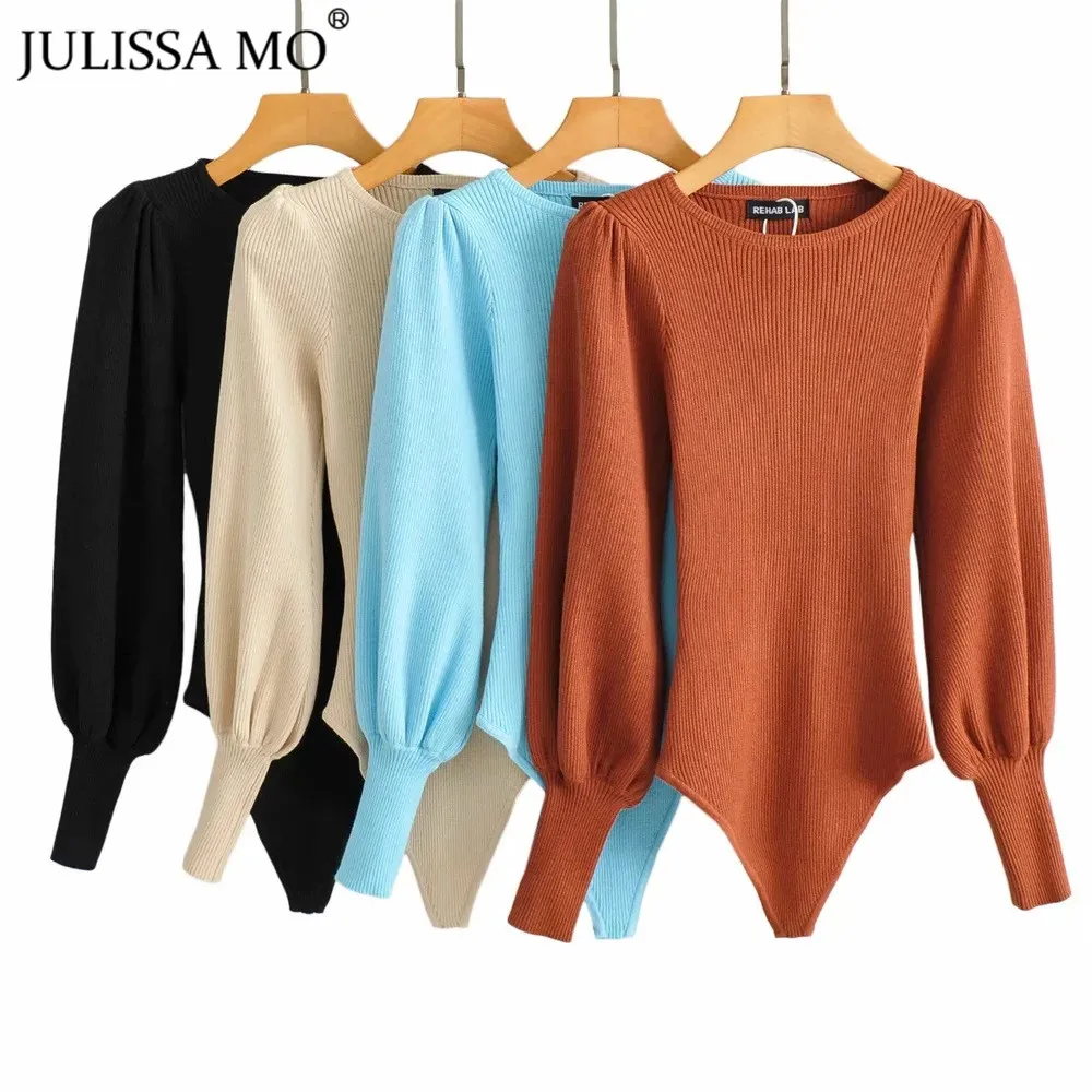 Женский комбидресс в рубчик Julissa Mo с пышными рукавами и круглым вырезом весенний