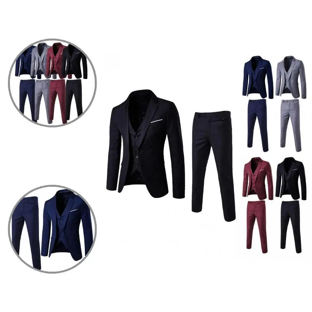 

1 Set Attractive Single-Breasted Vest Coat Zipper Closure Trousers Turndown Collar Skin-friendly Groom Suit