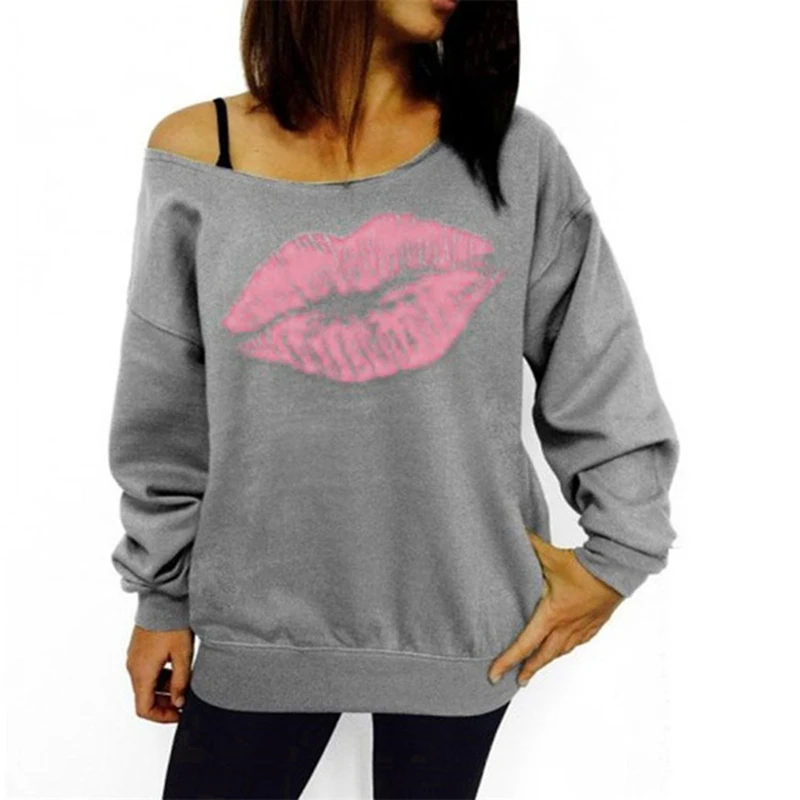 Autumn Hoodies Plus Size Women Sweatshirts Nice Red Big Lips Printed Off Shoulder Long Sleeve Harajuku Pullovers Hoodie