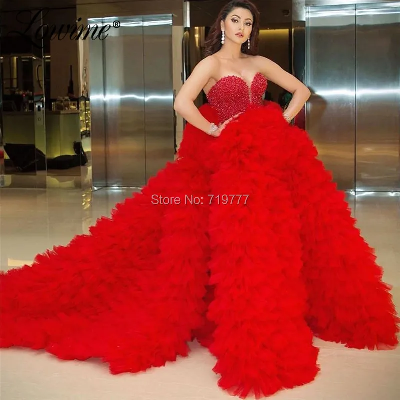 Red Long Celebrity Dresses 2020 Custom Made Beaded Princess Tiered Tulle Cloud Prom Dress Vestidos De Fiesta Arabic Party Dress