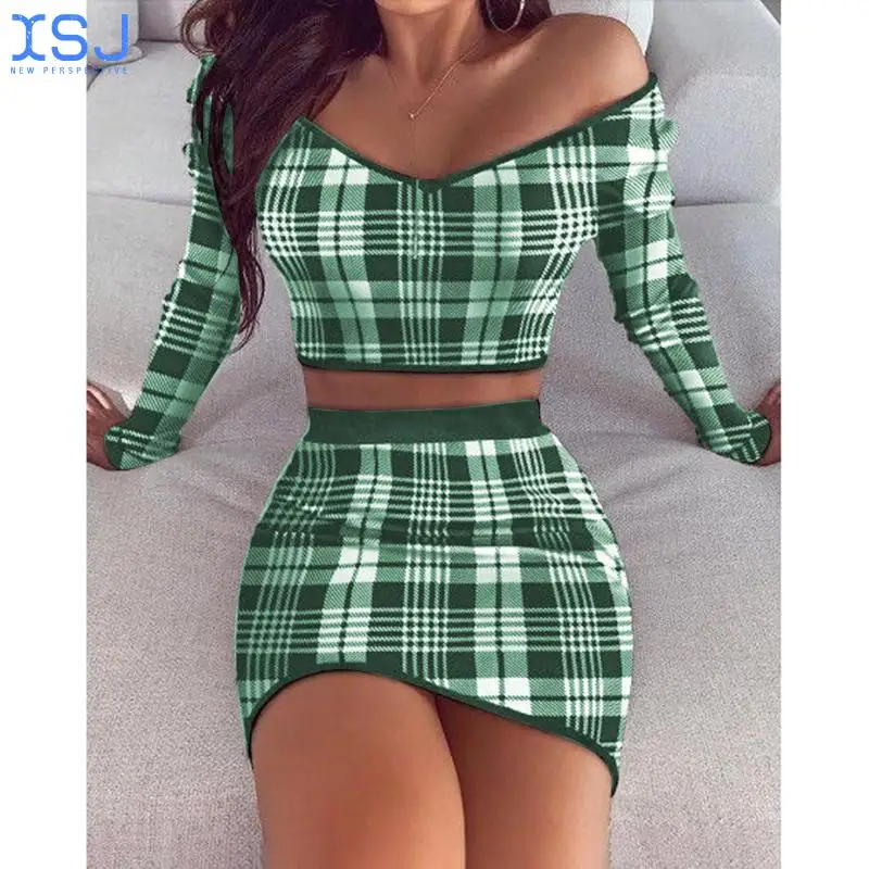 

Two Piece Women Set Casual Summer Sexy Lattice V Neck Long Sleeve Off The Shoulder Crop Tops Elegant High Waist Mini Skirt