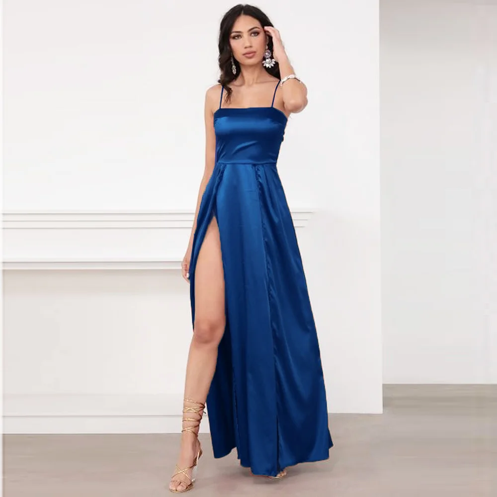 

Sexy Summer Long Satin Dress BOW Straps Lace Up Dress 2 Slits Green Blue Red
