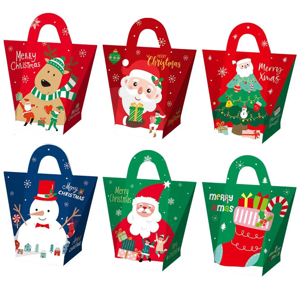 

10pcs Christmas Paper Bags Treat Bag Candy Box Merry Christmas Gift Boxes for Presents Elk Snowman Santa Claus Pattern Cookie