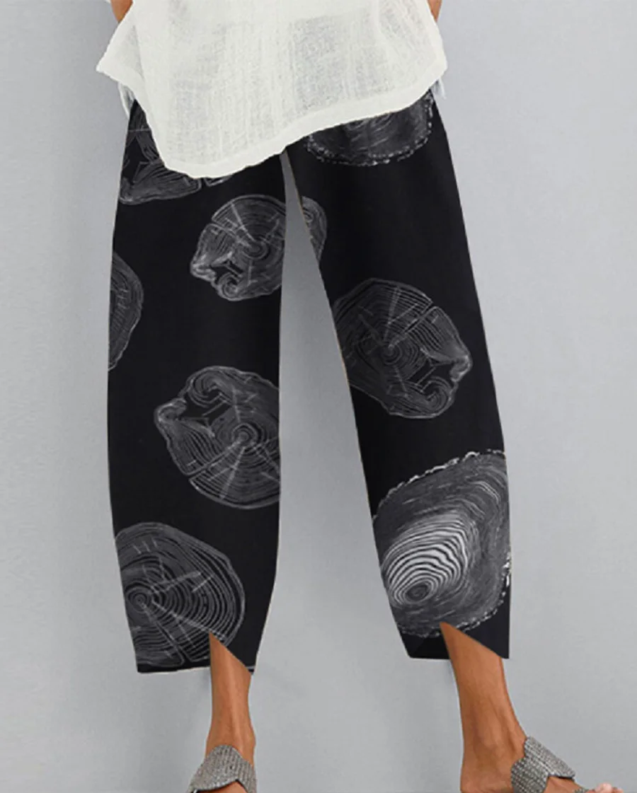 

2021 Summer Fall Fashion Pants Women Cotton Linen Casual Long Straight Pants Floral Print Elastic Waist Loose Wide Leg Trousers