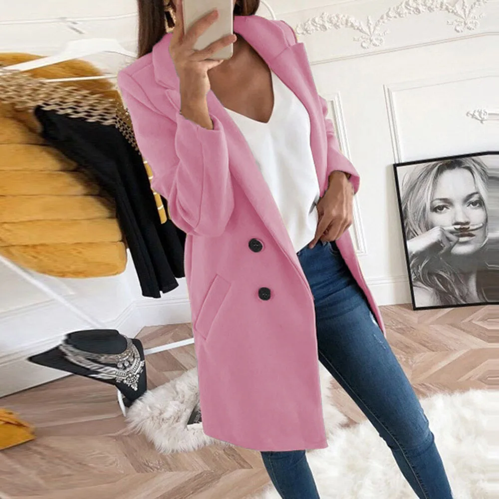 

European and American solid color lapel mid-length button woolen coat women