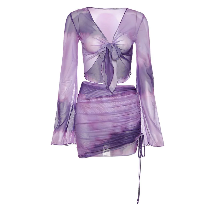 

2021 summer women's new mesh printed cardigan high waist bag hip skirt casual suit women