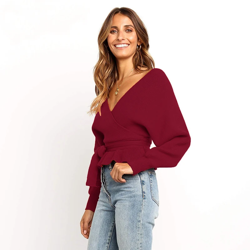 

Black Womens Deep V Neck Long Sleeves Knitwears Fashion Solid Color Female Short Section Knit Sweaters Sexy Sueter Mujer D574