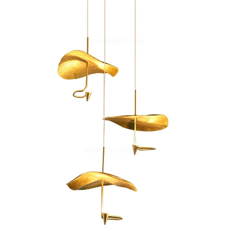 

Vintage Zen Lotus Leaf Pendant Lights Gold Lustre Art Deco All-copper Hanging Lamps Restaurant Tea Room Store Study Bar Lighting