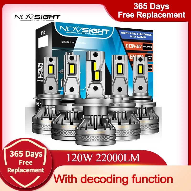 

NOVSIGHT H7 Led Car Headlight Bulbs H4 H11 H8 H9 H1 H3 9004 9005 9006 9007 120W 22000LM Decoder Auto Headlamp 6500K Fog Lights