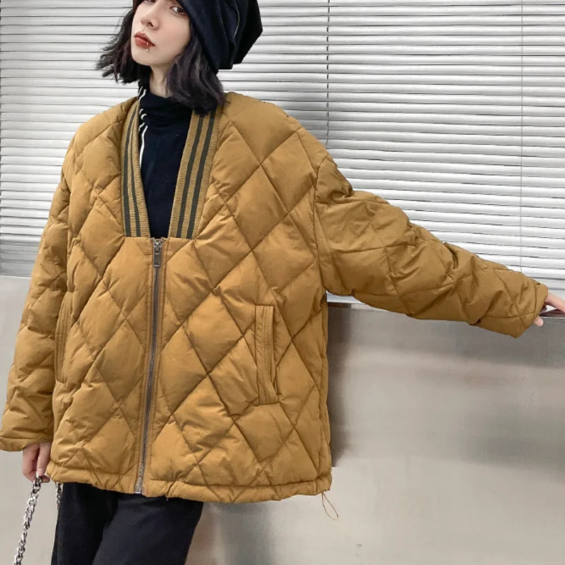 

XUXI White Duck Down Short Coat, Women Long Sleeve Zipper Splicing, Streetwear Cardigan Thicken Coat, Winter 2021, E4302