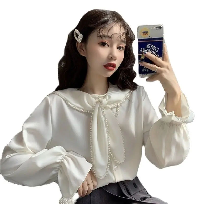 

Harajuku Kawaii Beading Blouses Shirts for Women Korean Fashion Long Sleeve Oversized Collar Tops Clothes 2021
