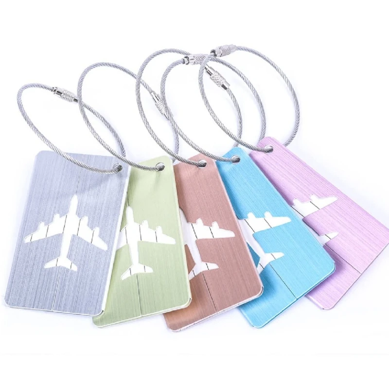 

5Pcs 4 Styles Aluminum Alloy Luggage Tag Brushed Hollow Airplane Design Multicolor Travel Suitcase Name ID Card Label Holder