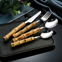4pcs bamboo handle tableware western steak knife cake dessert spoon dinnerware set stainless steel spoon and fork cutlery set