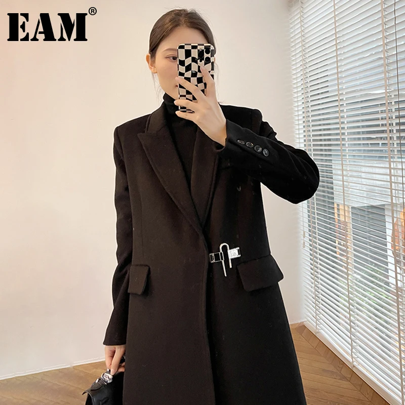 

[EAM] Loose Fit Black Long Buckle Warm Thick Woolen Coat Parkas New Long Sleeve Women Fashion Tide Autumn Winter 2022 1DE5077