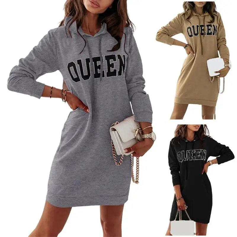 

2021 Woman Fashion Letter Print Long Sleeves Hoodies Dress Casual Long Sweater Dress For Daily Party Plus Size M-3XL Pullover