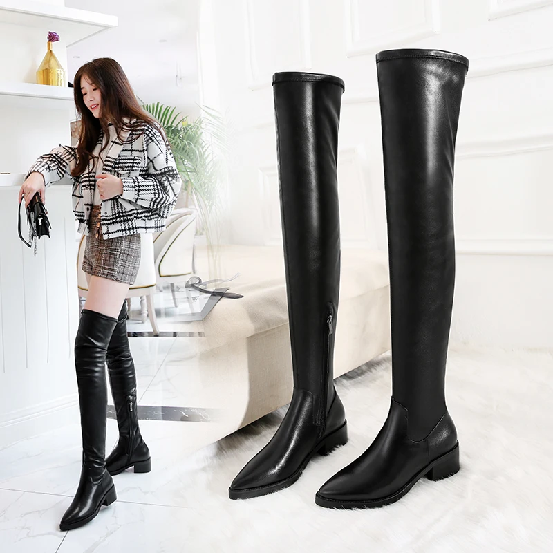 

Thick Heels Women Over-The-Knee Boots Autumn Winter Genuine Leather Fashion Concise Party Casual Splicing Shoes Woman