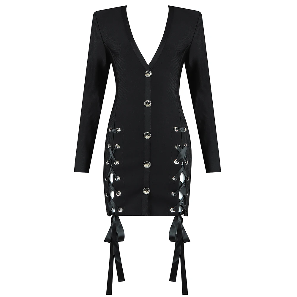 

2020 New Women black v neck long sleeve Vestidos Celebrity Evening Party Bandage Dress Wholesale
