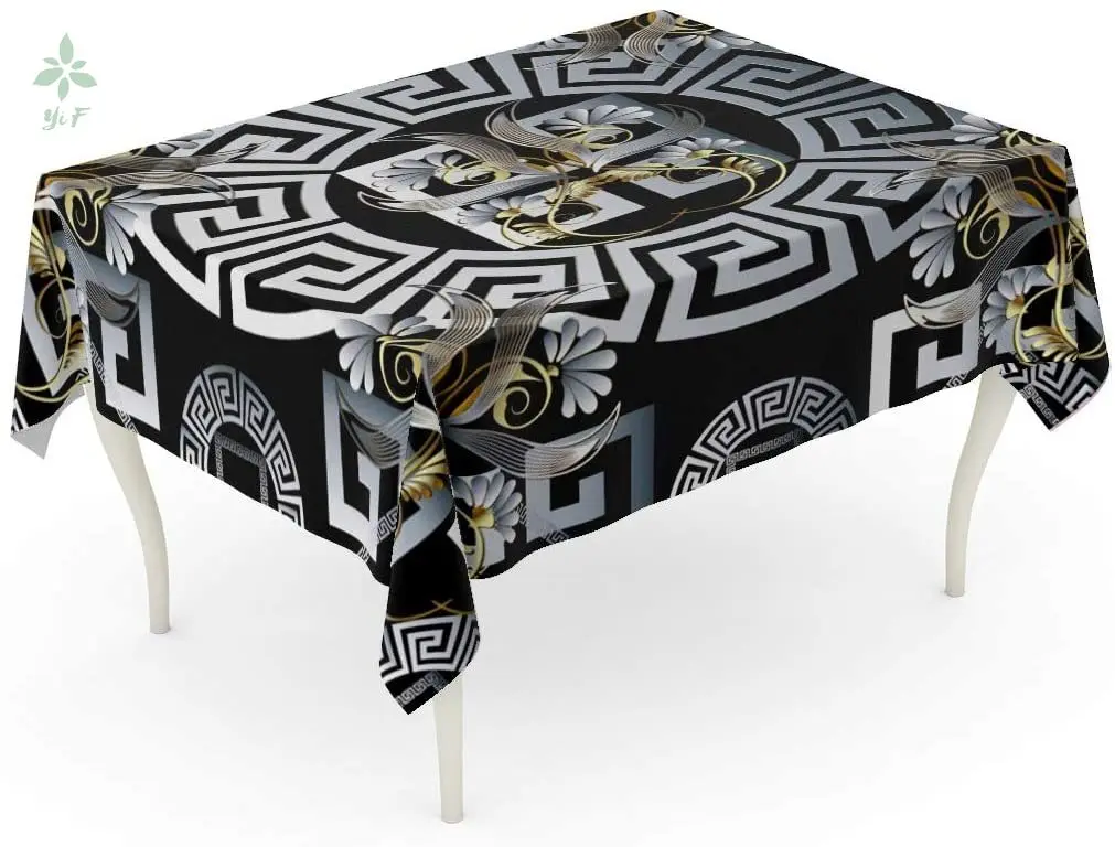 

Греческая декоративная панель Meander древняя Мандала Винтажные белые цветы Золотые листья Swirls Современная скатерть