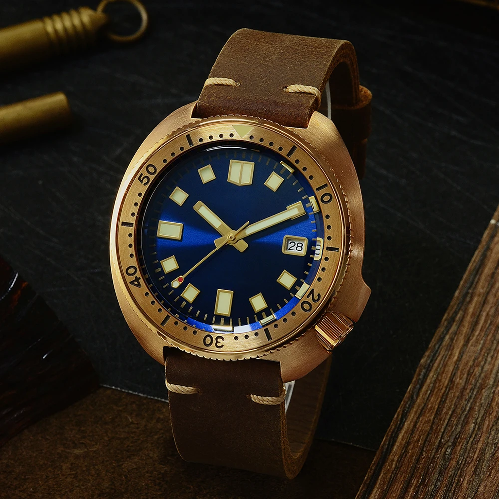 no logo blue San Martin, новинка 6105, часы для дайвинга с бронзовым тунцом, Водонепроницаемость 200 м, Акула, кожаный ремешок, Мужские автоматические наручные часы для мужчин - Цвет: no logo blue