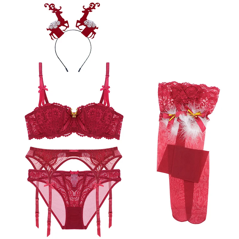 Varsbaby sexy 1/2 cup christmas 7 pcs bras+panties+garters+stockings+antler headband+nightgown bra and panty set
