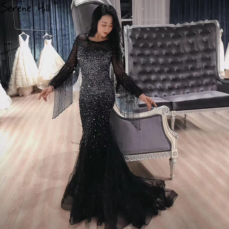 Серебряные вечерние платья с длинным рукавом в Дубае Роскошные круглым вырезом