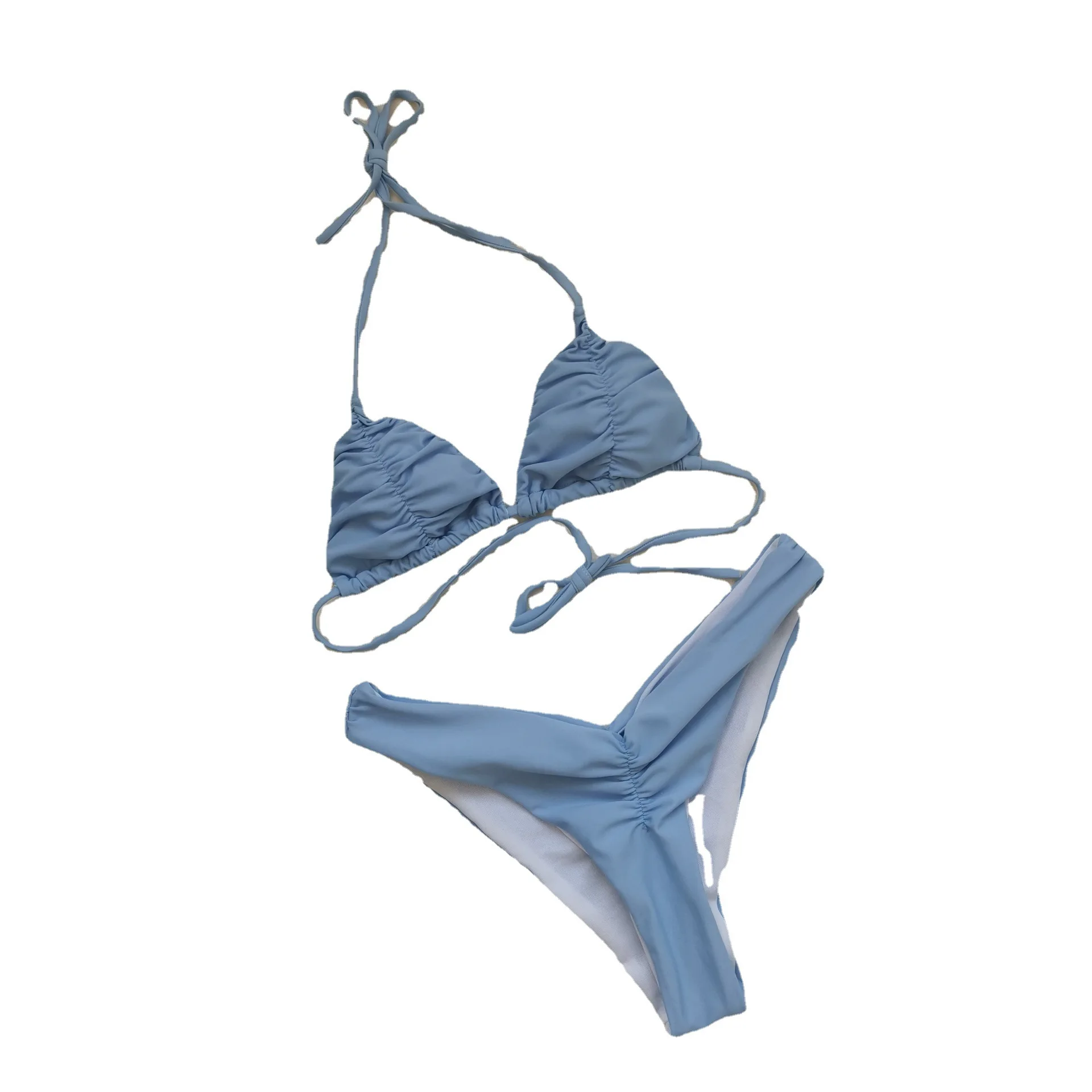 

Swimsuit 2021 Pleated Bandeau Summer Bikini Set for Female Green Solid Color High Cut Swimwear Swimming Suits