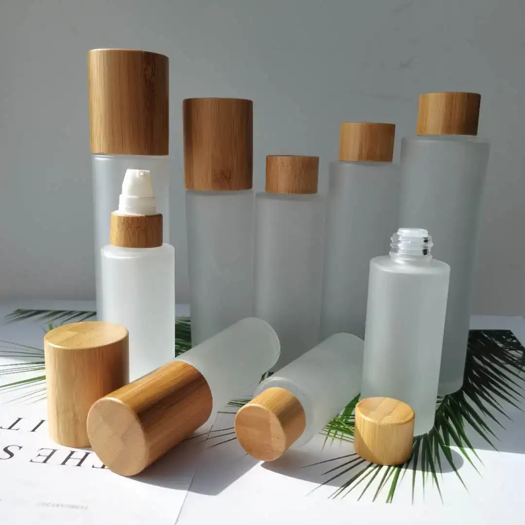 

5PCS Samples Makeup Clear Frosted Glass Cream Jar With Bamboo Lid Glass Bottle Bamboo Shell For Toner Lotion Cosmetic Container