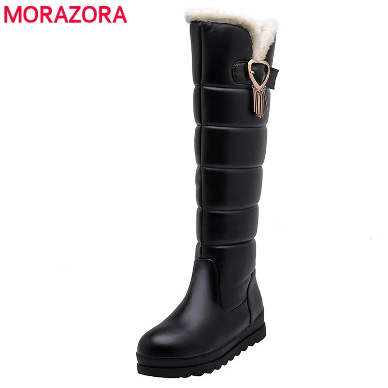 MORAZORA/ г. Большие размеры 33-43, модные женские зимние ботинки зимние сапоги на платформе на Плоском Каблуке С Круглым Носком однотонные сапоги до колена из pu искусственной кожи