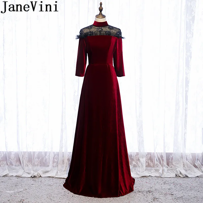 JaneVini бархатное бордовое платье размера плюс с высоким воротом из бисера Длинные