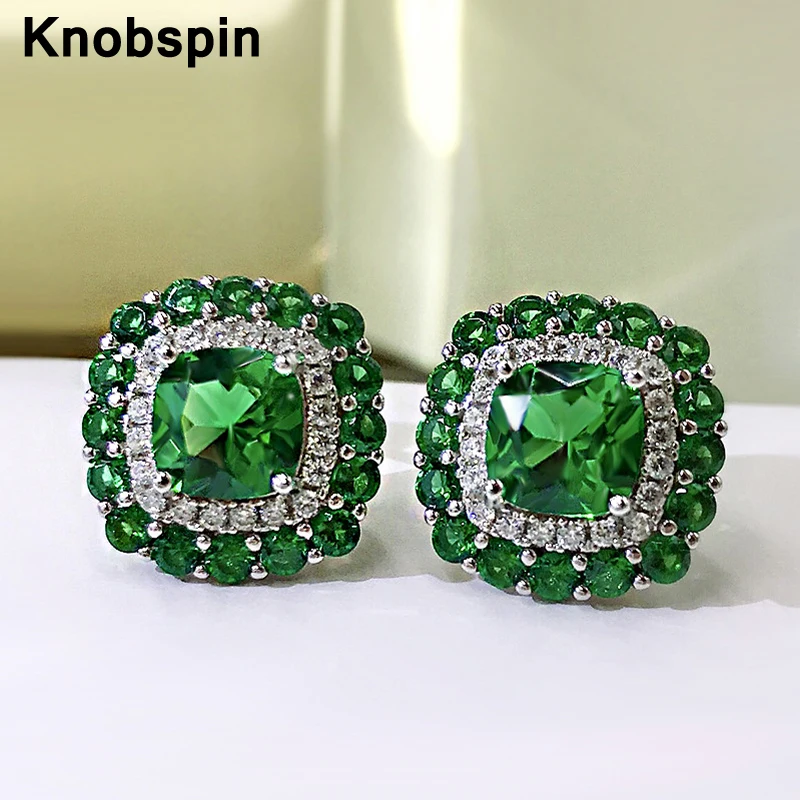 

Knobspin Pure 925 Sterling Silver Fashion Charms 7*7mm Green Blue Vintage Stud Earrings Party Accessories For Women Fine Jewelry