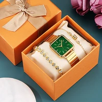 women bracelet watches luxury gift set for women fashion square stainless steel quartz watch green dial simple women watches