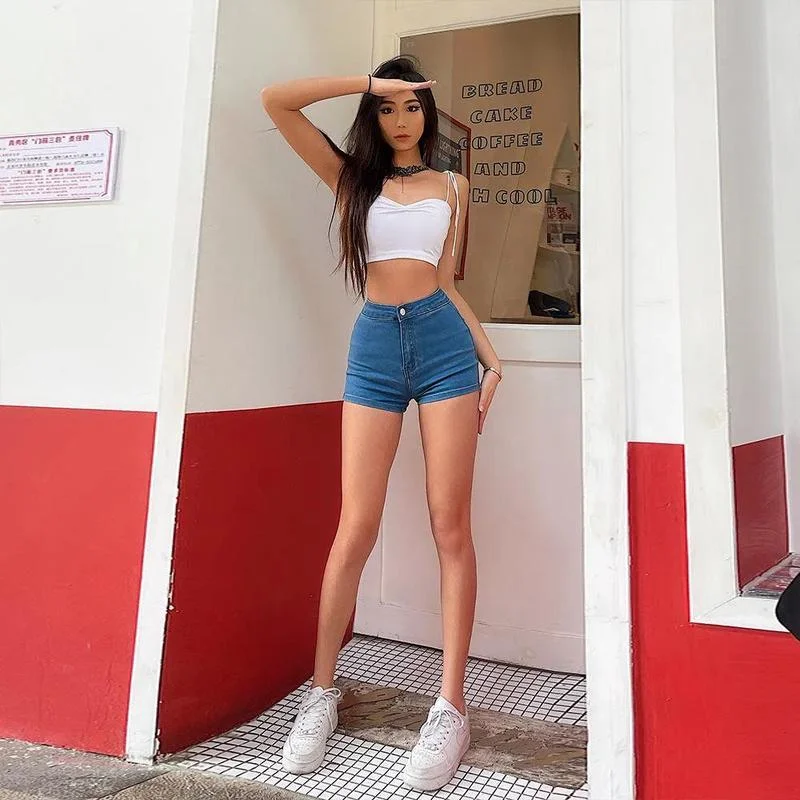 

DUOFAN Womens High Waisted Denim Shorts Bodycon Short Booty Shorts Summer Casual Streetwear Solid Color Sexy Pants for Women