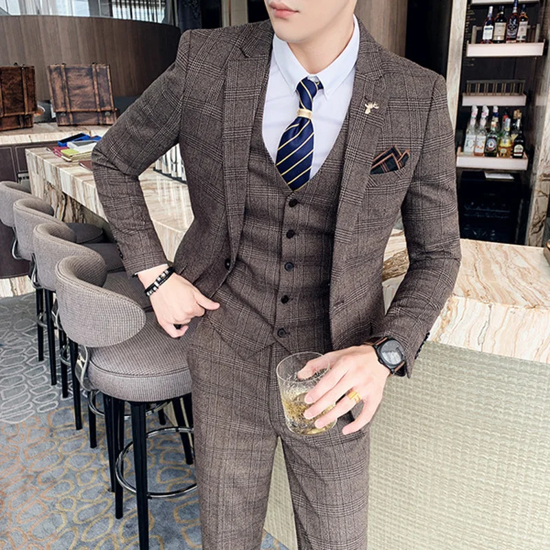 

( Jacket + Vest + Pants ) Boutique Fashion Mens Plaid Casual Business Suit High-end Social Groom Wedding Formal Suit 3 Pcs Set