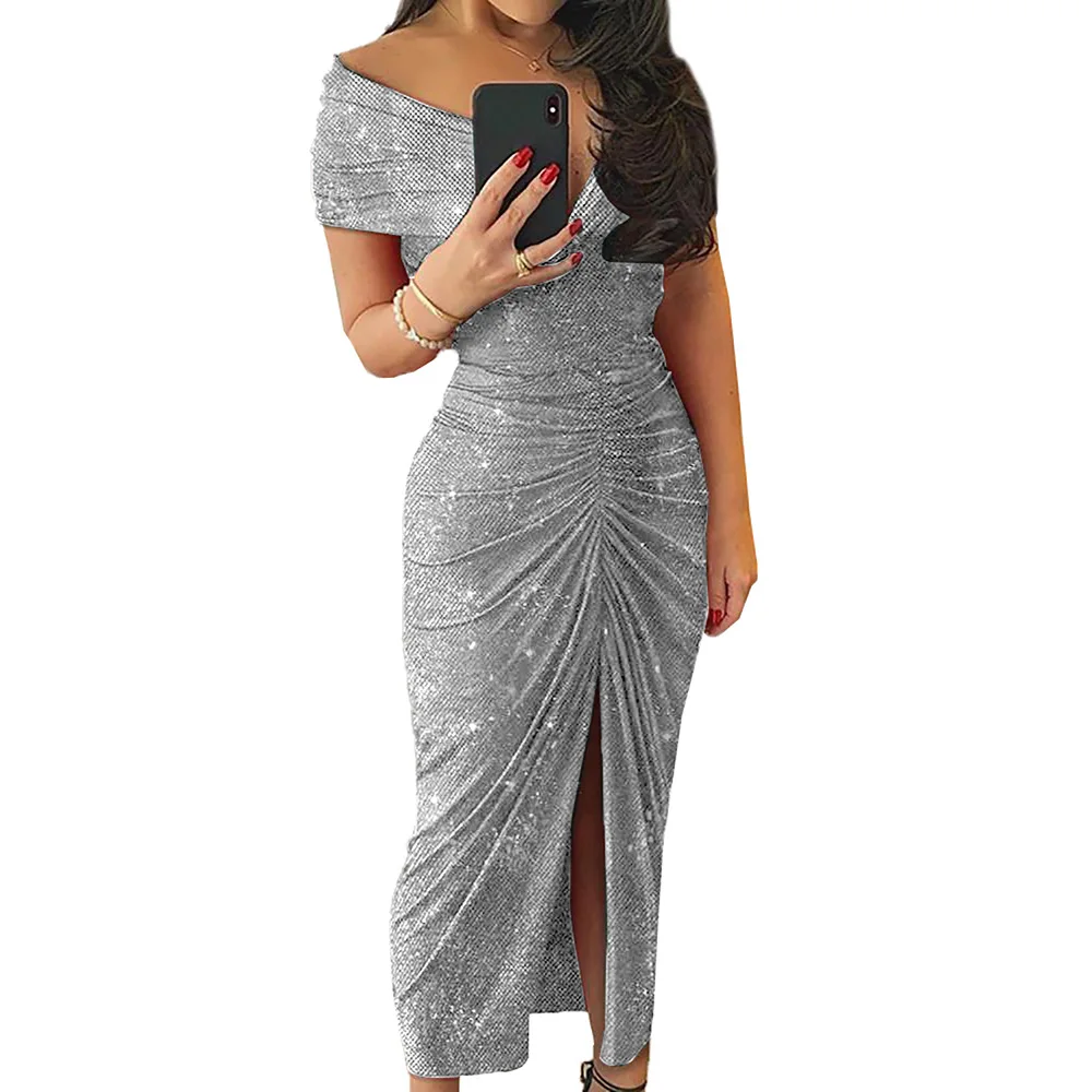 

European And American Spring And Autumn Women's Dress Sexy One Shoulder Pleated Split Hem Long Dress