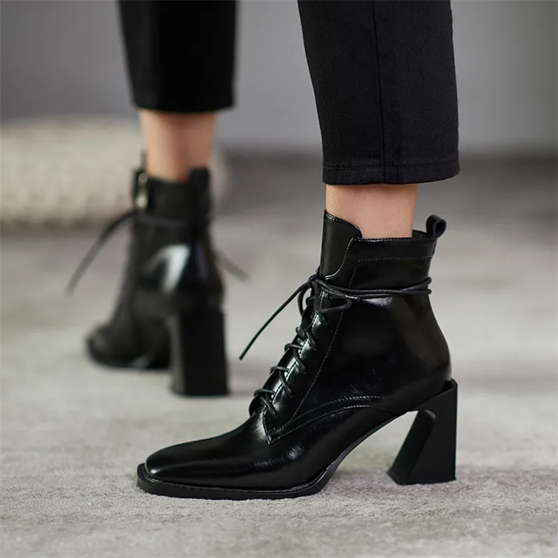 FOREADA Square Toe Woman Boots Real Leather High Heel Ankle Lace Up Block Short Zip Female Shoes Black Size 40 