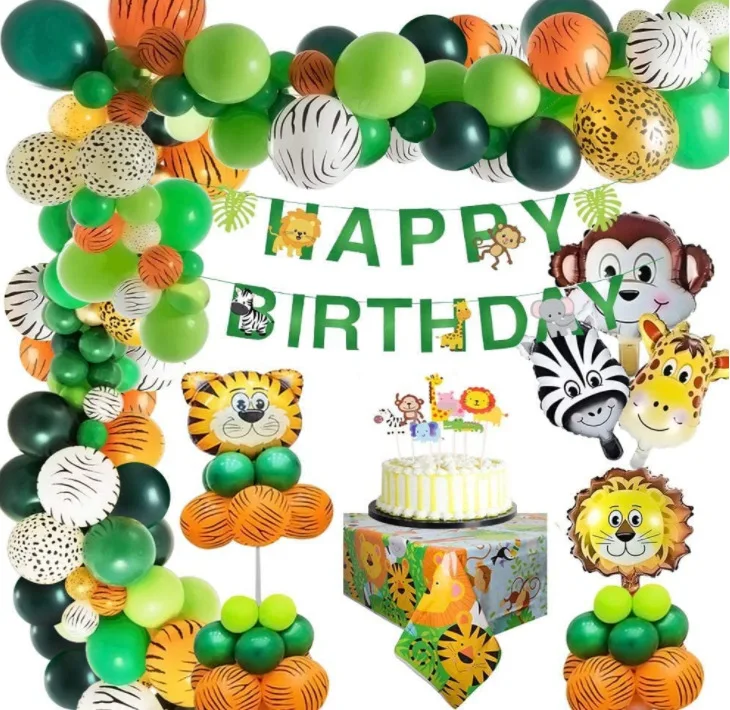 

Jungle Animal Themed Birthday Party Decoration Green Balloons Set Animal Foil Balloons Tablecloth for Kids Boy Girl Birthday