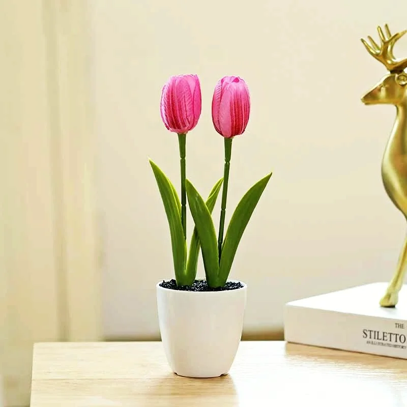 

Artificial Flowers, 23cm Pink 2 Heads Tulip Potted Plants, Creative Home Decoration, Desktop Small Bonsai, Garden Landscaping,